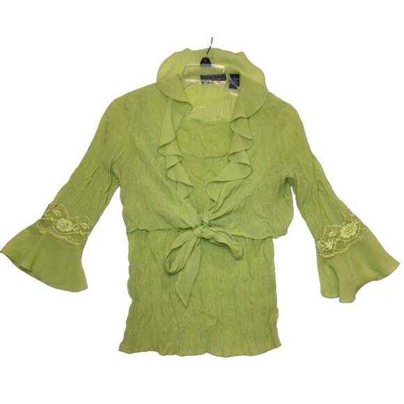 Womens Blouse Green Crinkle Lace 3/4 Sleeves Ruffles Tie Front Brat Vacay Beachy - Picture 1 of 9